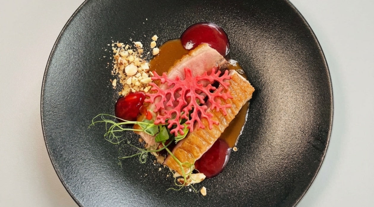 Anties krūtinėlė su rabarbarų demi glaze padažu, riešutų granola ir rabarbarų geliu – - Receptas